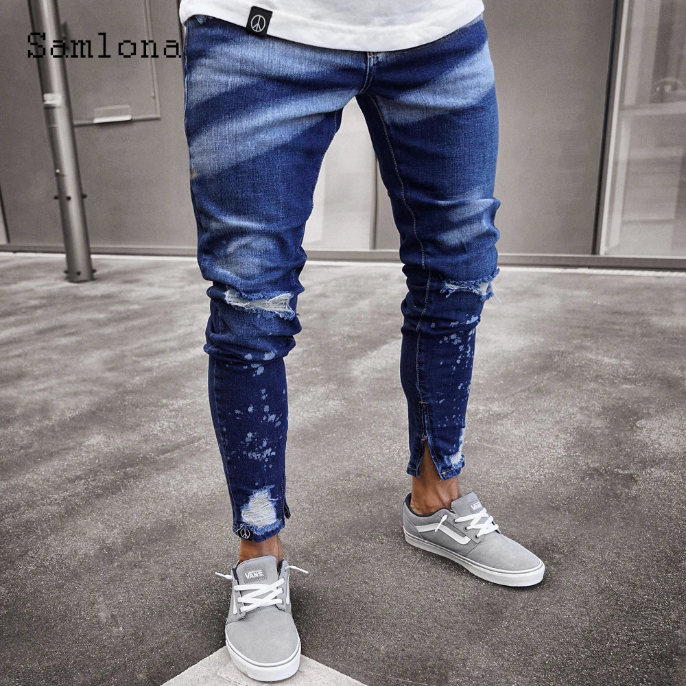 Samlona Jeans Mens Fashion Skinny Denim Pant Male Streetw New Patchwork Demin Pants Sexy Jeans Blue Grey Pencil Trouser