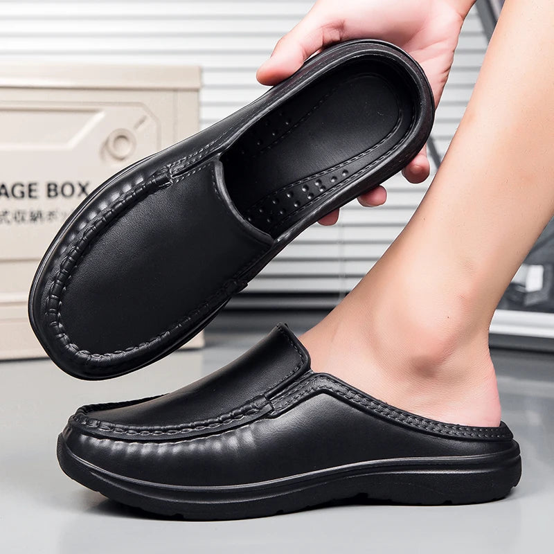 Chef shoes summer plus size baotou half slippers non slip oil resistant business casual men's chef shoes breathable leather shoe