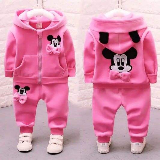 Baby Plush Clothes Set Children Autumn Winter Boys Girls Cartoon Minnie Bow Hooded Coat+Pants 2Pcs Set Toddler Warm Letter Suit