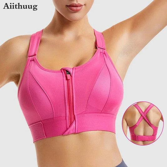 Aiithuug Sexy Zip Front Closure Strappy Criss Cross Yoga Bra Women's Padded Shockproof Gathered Seamless Wireless Sport Gym Bras