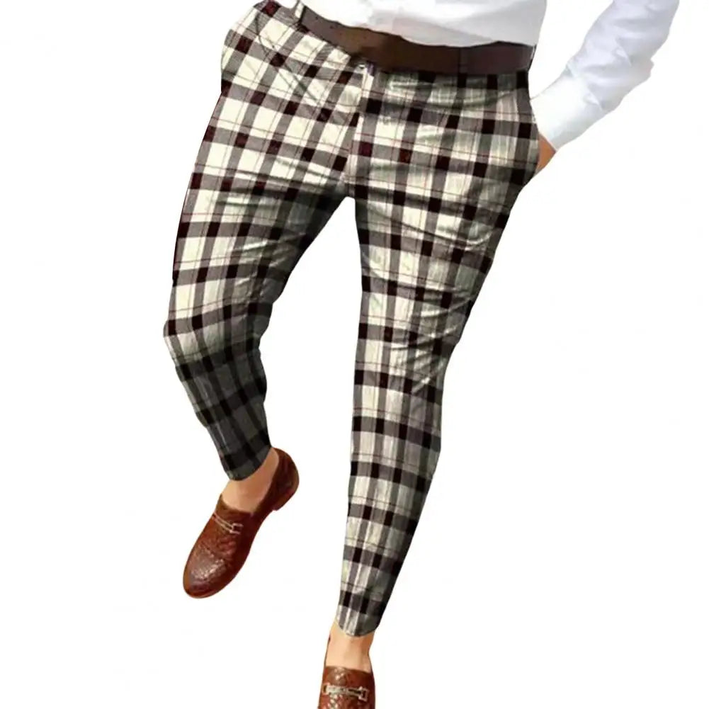 Mid-rise Zipper Button Fly Pockets Men Pants Autumn Plaid Print Straight Fit Casual Pencil Pants