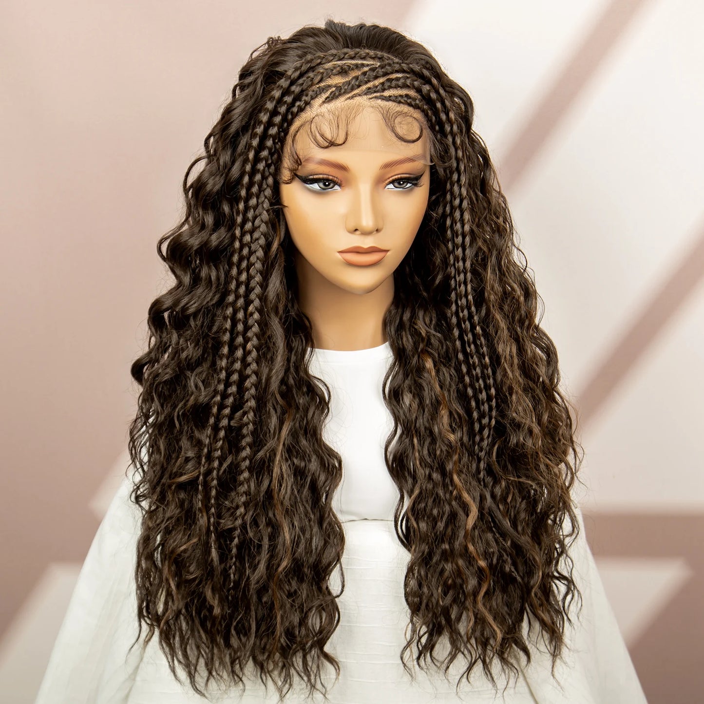 26 Inches Synthetic Lace Front Curly Braided Wigs Cornrow Braided Wig with Baby Hair Boho Braids Burgundy Braiding