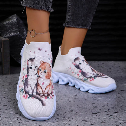 New Cute Cat Print Womens Casual Sneakers Autumn Soft Comfort Thick Bottom Running Shoes Breathable Lightweight Sport Shoes