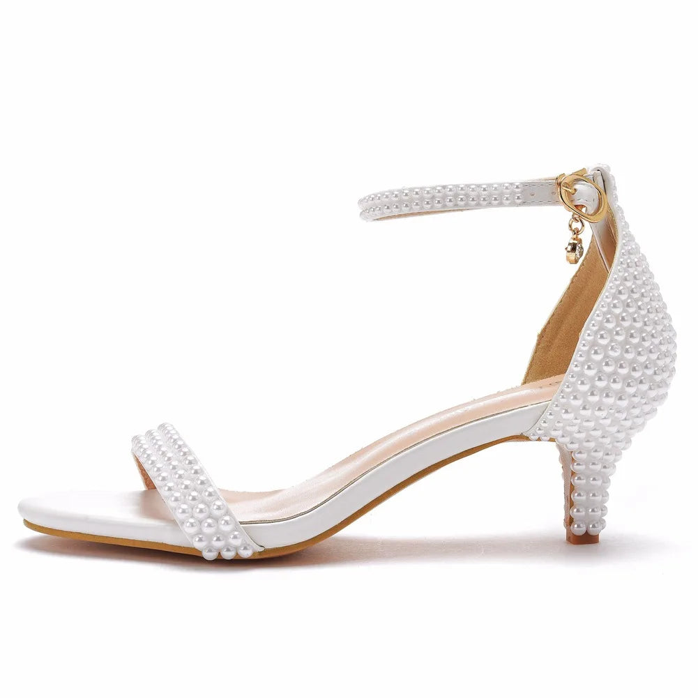 Summer High-heeled Women's Sandals String Bead PU 5CM Thin Heels Buckle Strap Wedding Dress Women's Shoes Golden Middle Heels