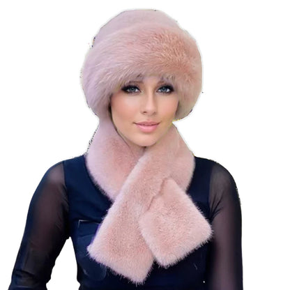 2 Pcs/Set Women Winter Hat Scarf Set Fuzzy Plush Thickened Windproof Heat Retention Cross Neck Wrap Solid Color Dome Faux Fur Fi