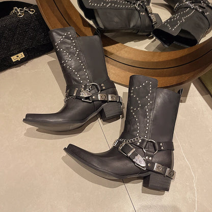 Goth Woman Shoes Cowboy Boots Botins Low Black New Rock Pole Dance Rivet Chunky Heels Western Pointed Toe Metal Chains Trending