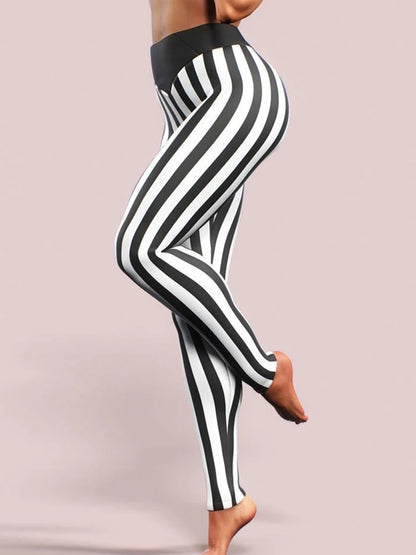 Fitness Jeggings Workout Pencil Pants Sexy Leggings Women Fashion High Waist Black White Striped Printed Leggins Elastic Gym