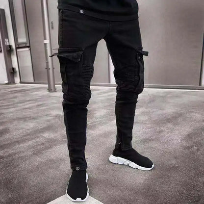 Stretch Jeans for Men Black Big Side Pockets Cargo Male Jeans Fashion Zipper Small Foot Denim Pants Elastic Jogging Trousers