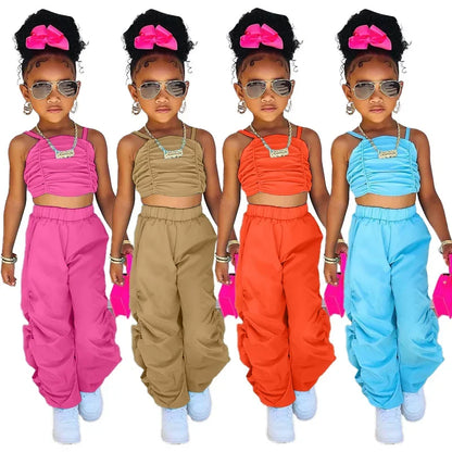 1-8years Baby Kids Summer Clothing For Girls Sleeveless Crop Tops+Cargo Pants 2pcs/sets Children's Fashion Clothes Outfits Girl