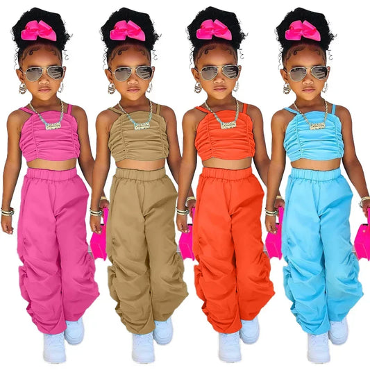 1-8years Baby Kids Summer Clothing For Girls Sleeveless Crop Tops+Cargo Pants 2pcs/sets Children's Fashion Clothes Outfits Girl