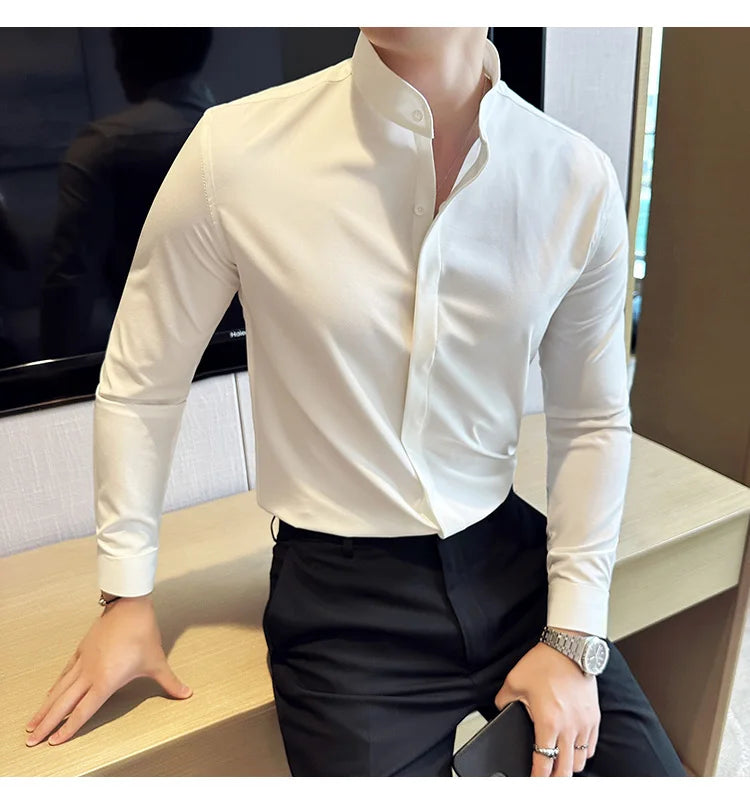 2024 New Stand Collar Luxury Shirts For Men High Quality Hide Buttons Design Solid Slim Fit Business Party Wedding Dress Shirts