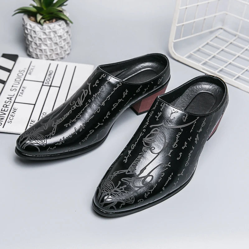 Summer New British Style Men's Mules Slipper Ceremonial heightening Shoes Black Hombre Daily Dress Casual Pointed Leather