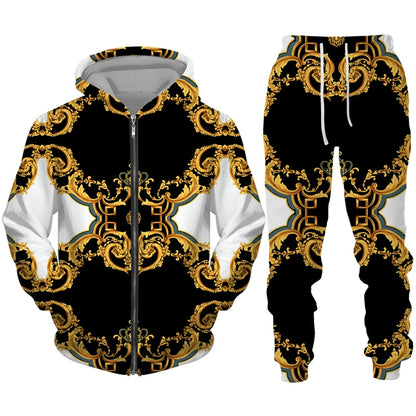 Men's Zipper Tracksuit Set Luxury Golden Pattern 3D Print Casual Hoodie Pants 2pcs Sets Oversize Sweatshirt Fashion Man Clothes