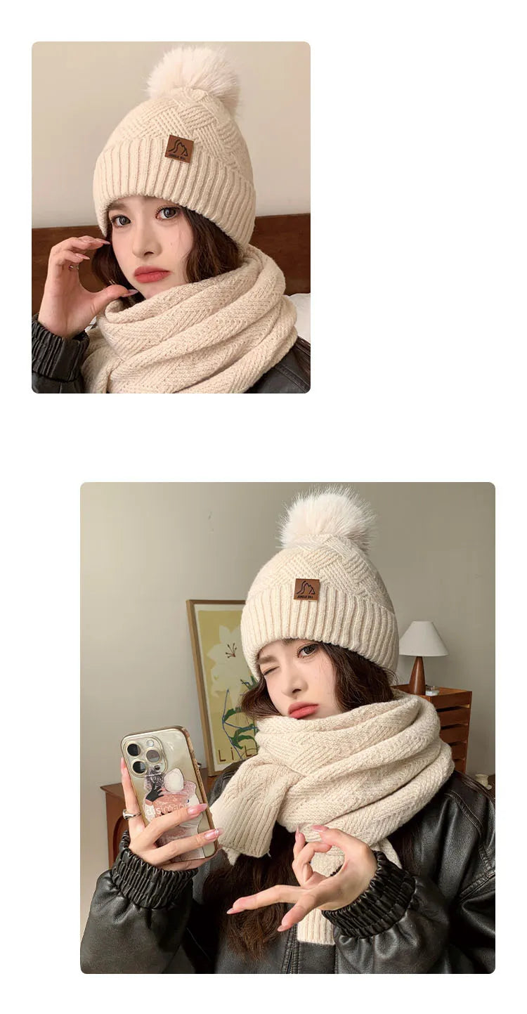 Women's Winter Double Layer Plus Fluff Ball Knit Hat Outdoor Warm Beanie Hat Two-Piece Set