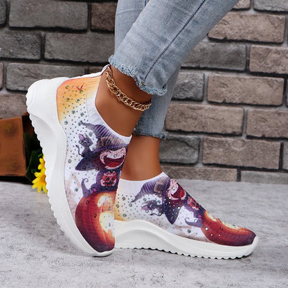 Lucyever Halloween Style Printed Sneakers Women Fashion Breathable Knitted Crystal Flats Woman Plus Size Platform Loafers Shoes