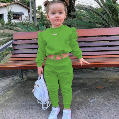 Spring New Girls Fashion O Neck Long Sleeve Pullover Top + Pants 2 Pieces Set Casual Kids Clothes