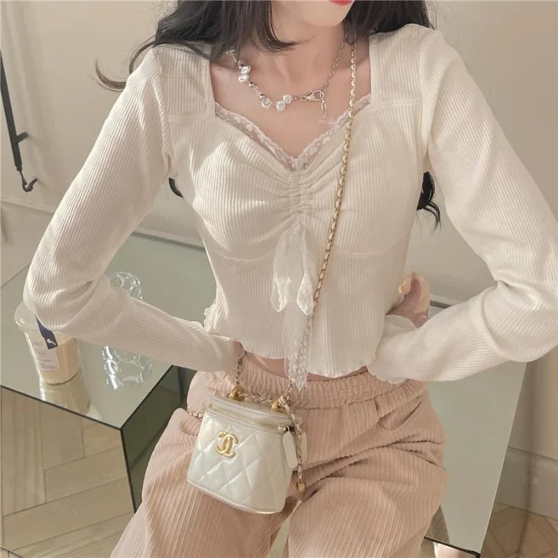 Solid T-shirts Women Spicy Girls Lace Patchwork Shirring Long Sleeve Korean Fashion Simple All-match Sweet Spring Cozy trendy