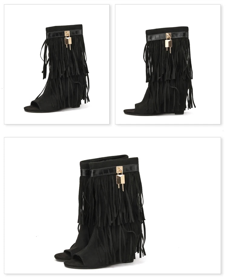 Eilyken Designer Fringe Wedges  Boot Sandals Woman High Heels Open Toe Party Prom Shoes 2024 Sexy Zipper Female Pumps