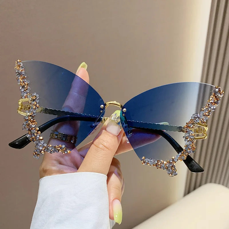 Luxury Butterfly Diamond Sunglasses Ladies Large Rimless Glasses Fashion Personalised Stage Performance Glasses Party Essentials