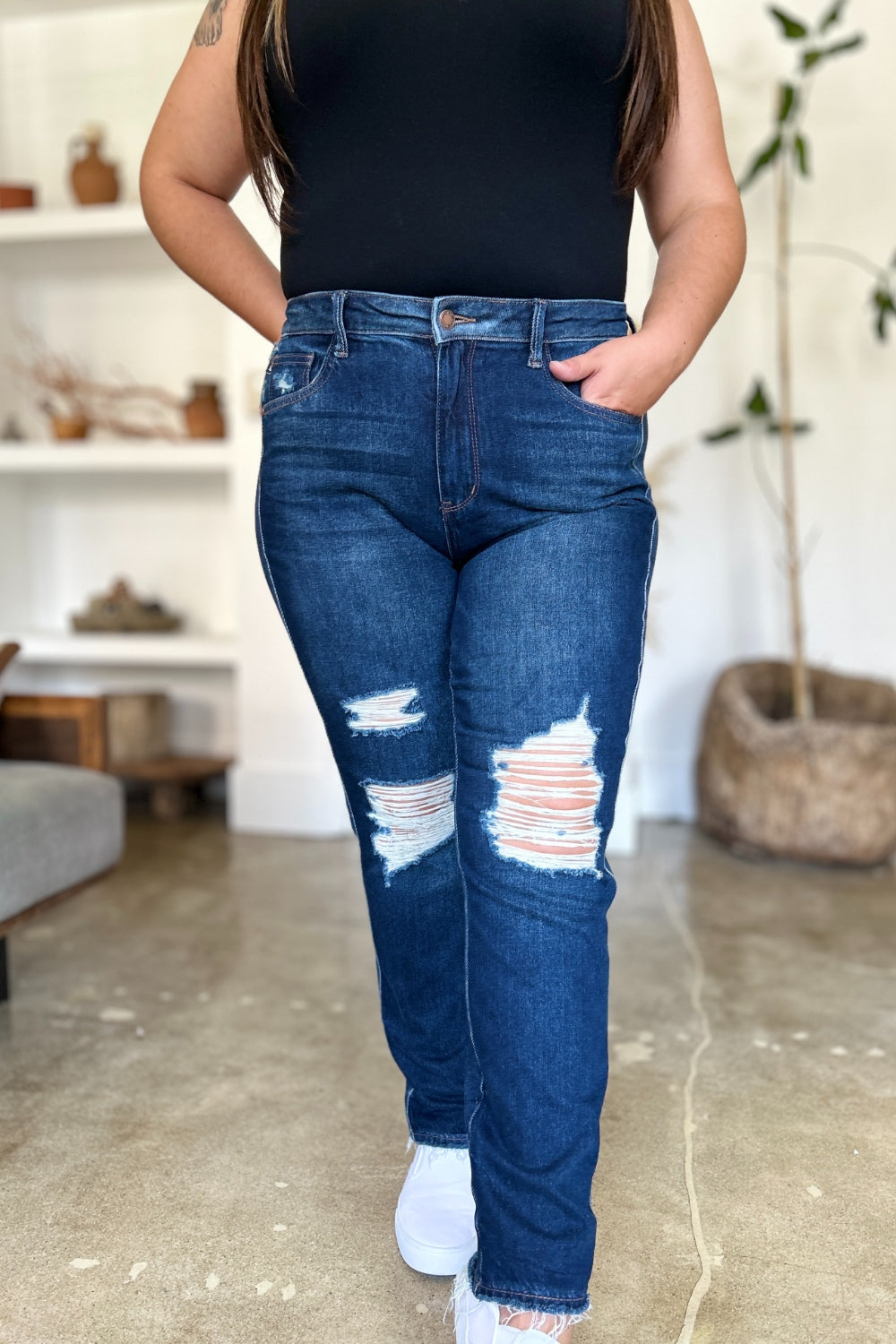 Blue Full Size High Waist Rigid Magic Heavy Destroy Straight Jeans