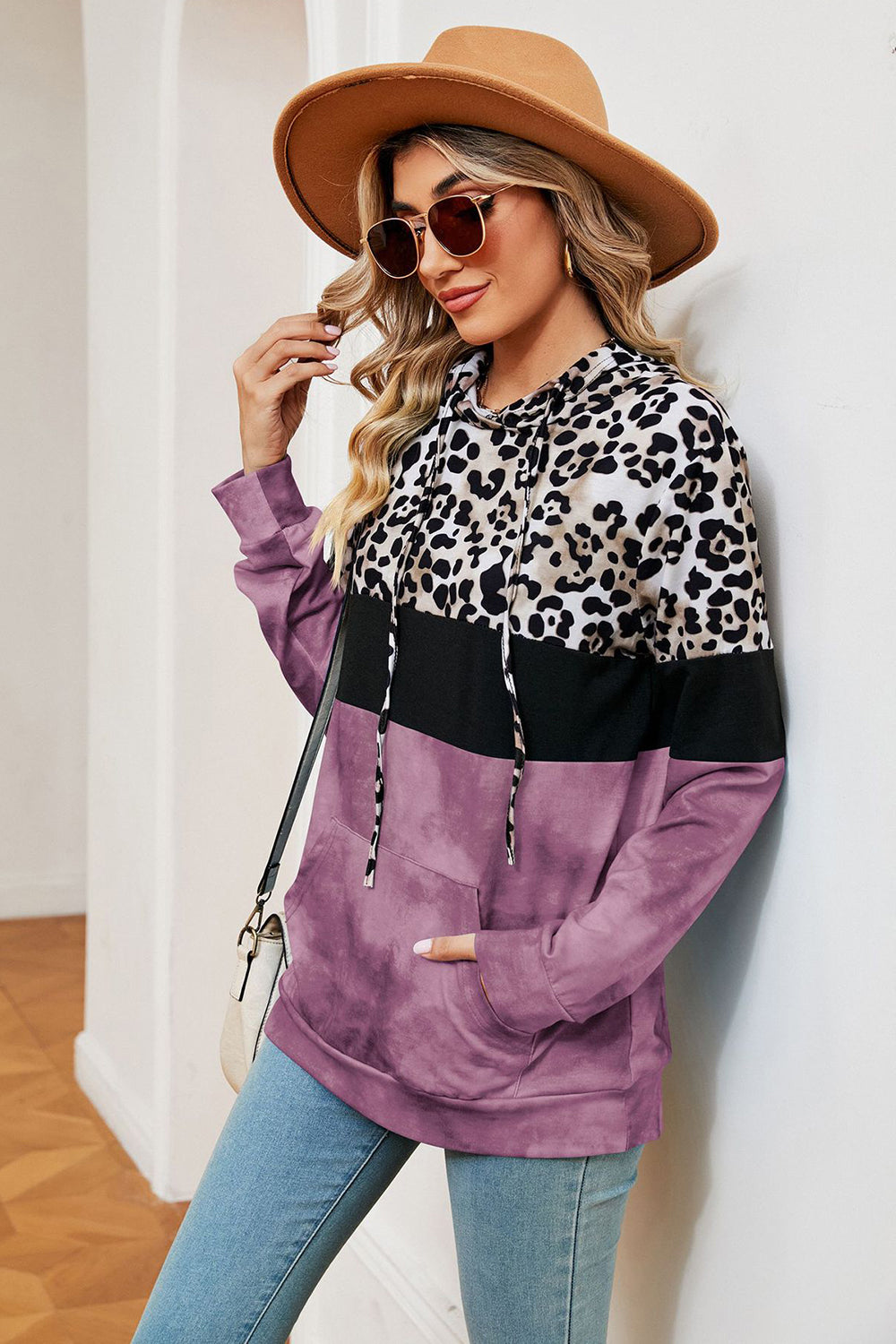 Leopard Drawstring Hoodie with Pocket