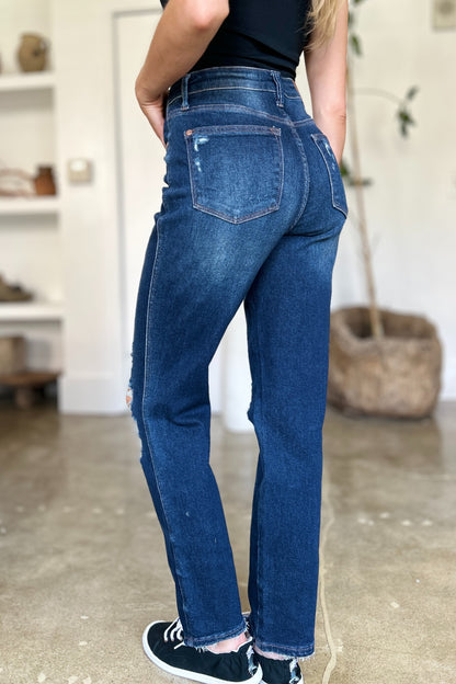 Blue Full Size High Waist Rigid Magic Heavy Destroy Straight Jeans