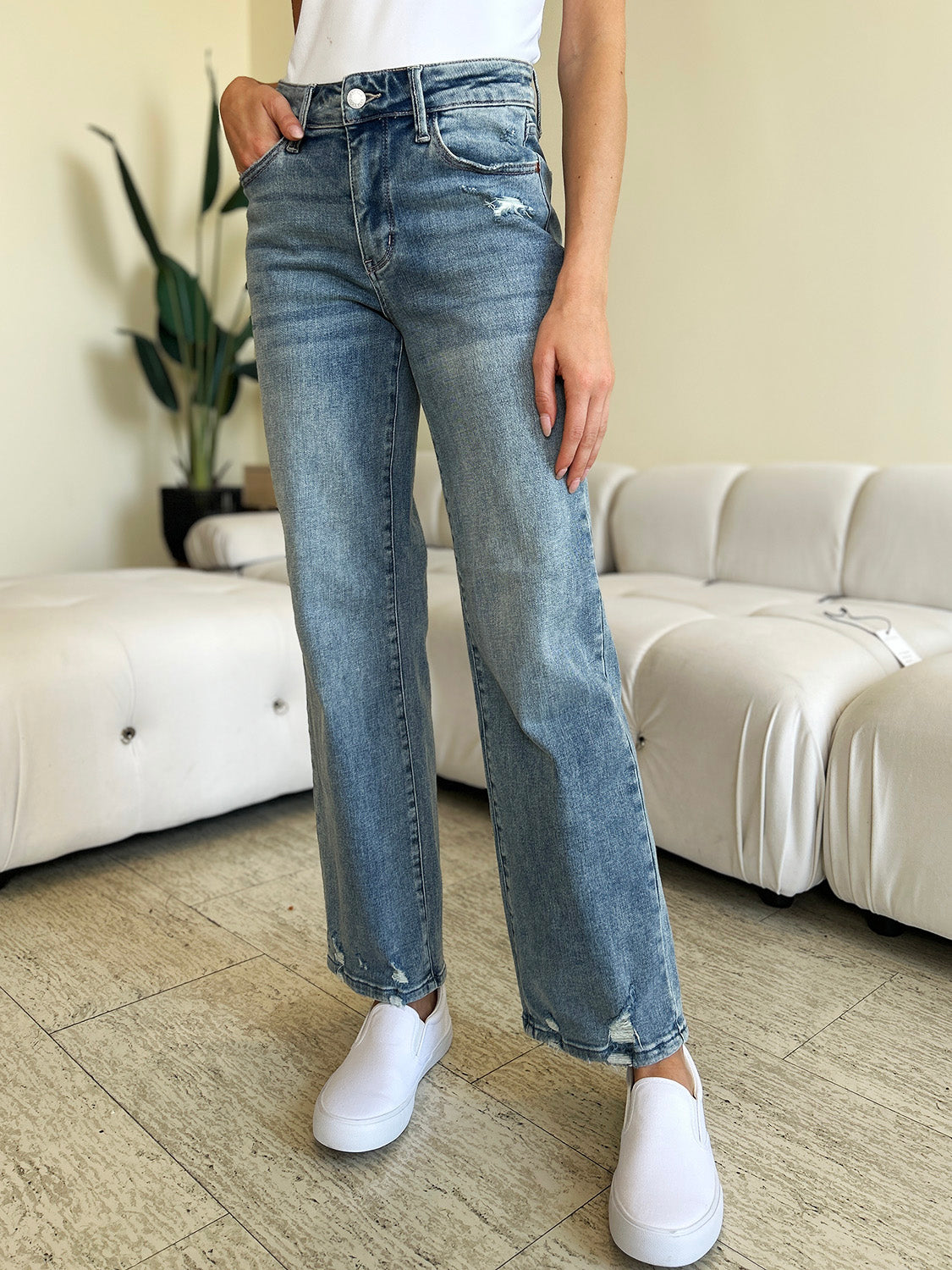 Full Size Mid Rise Distressed Straight Jeans