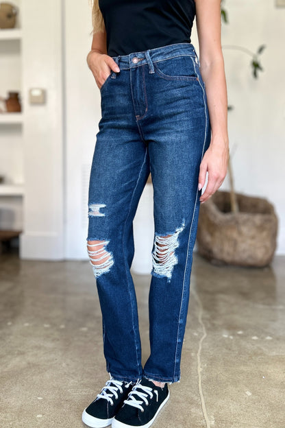 Blue Full Size High Waist Rigid Magic Heavy Destroy Straight Jeans